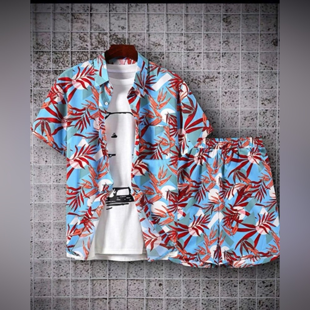 Men Tropical Print Button Through Shirt & Shorts-Medium